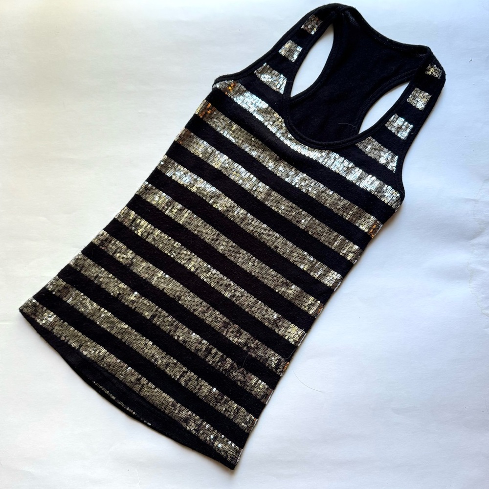 Y2K Black Cashmere Sequin Striped Racerback Tank Top